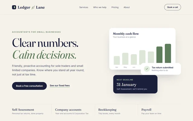 Concept homepage for a fictional accountancy firm: serif headline, cash-flow chart and deadline reminder