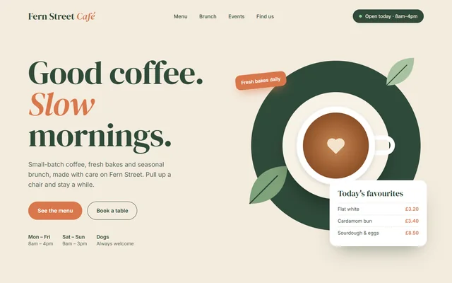 Concept homepage for a fictional café: large serif headline, illustrated coffee cup and today's menu card