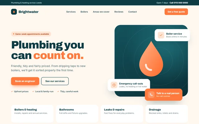 Concept homepage for a fictional plumbing company: bold headline, orange call-to-action buttons and service cards